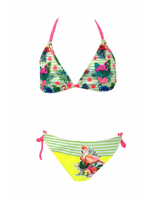 Hazelin Kız Çocuk Yeşil Flamingo Glow Desenli 6-14 Yaş Üçgen Bikini Takım HZL26S-LC9018