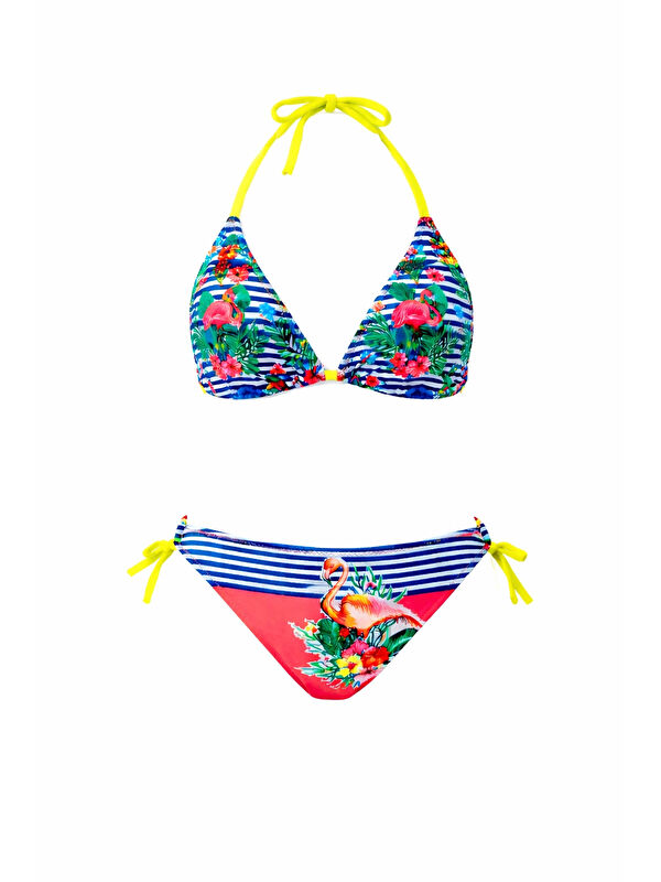 Hazelin Kız Çocuk Mavi Pembe Flamingo Glow Desenli 6-14 Yaş Üçgen Bikini Takım HZL26S-LC9018