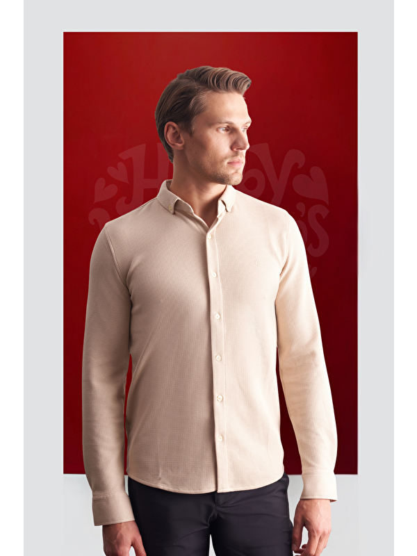 İMZA Bej Uzun Kol Düğmeli Yaka  Pamuklu Slim Fit Gömlek 1004255267