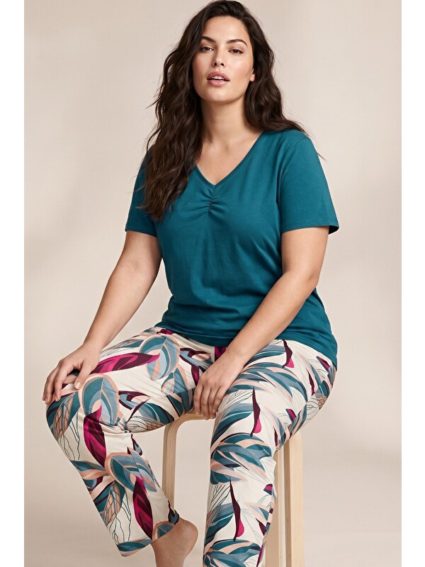 Siyah İnci Desenli Büyük Beden Battal Boy Viskon Örme Pijama Takım