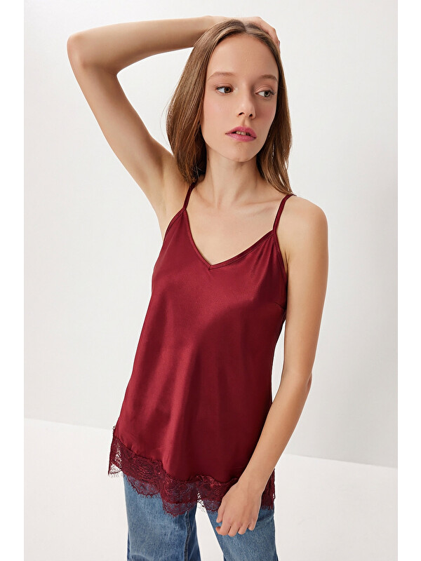 Happiness İstanbul Dantelli Saten Yüzeyli Kamisol Bluz BORDO LNT0024