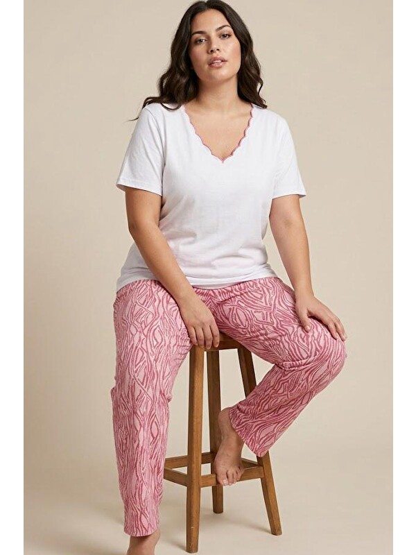 Siyah İnci Desenli Büyük Beden Battal Boy Viskon Örme Pijama Takım