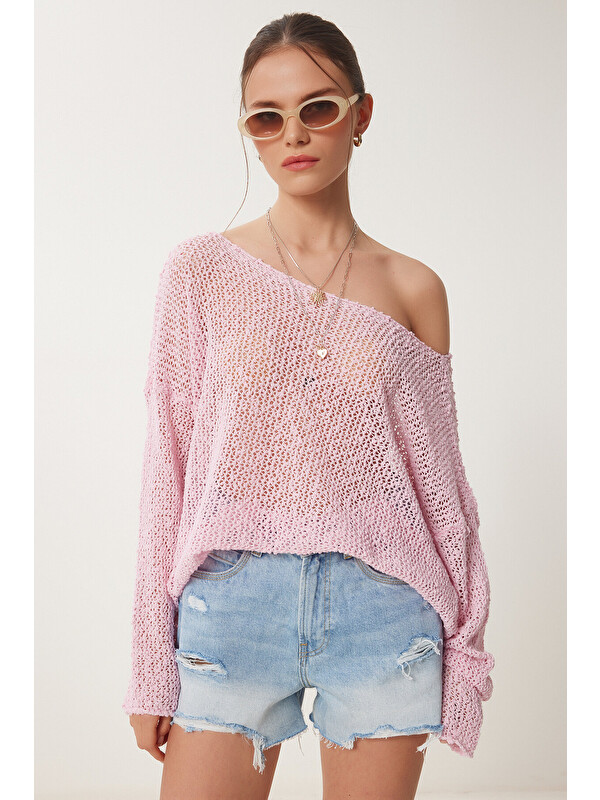 Happiness İstanbul Ajurlu Mevsimlik Triko Bluz PEMBE LYY0092