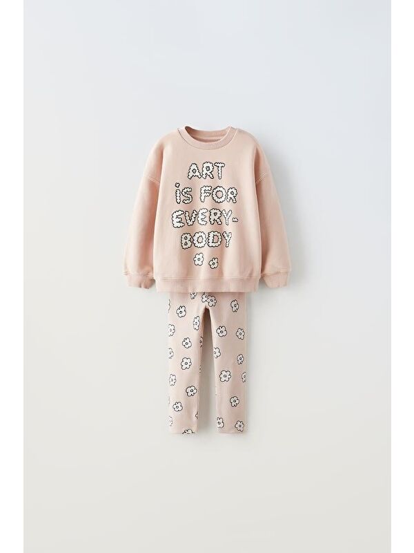 Magu Kız Çocuk Pamuklu Pudra Slogan Baskılı Sweatshirt Çiçek Desenli Tayt Takım