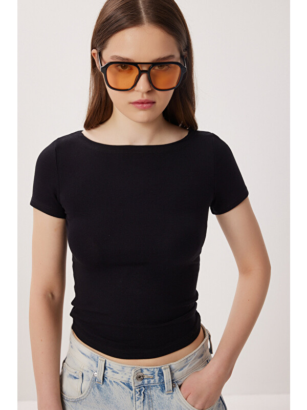 Happiness İstanbul Kayık Yaka Basic Örme Bluz SİYAH LDZ0065