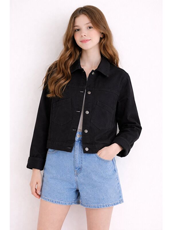 Cansın Mini Siyah Sırtı Düğme Detaylı Kız Çocuk Gabardin Kumaş Ceket 23568
