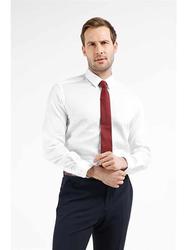 İMZA Beyaz Uzun Kol Sert Yaka  %100 Pamuk Slim Fit Gömlek 1004255201