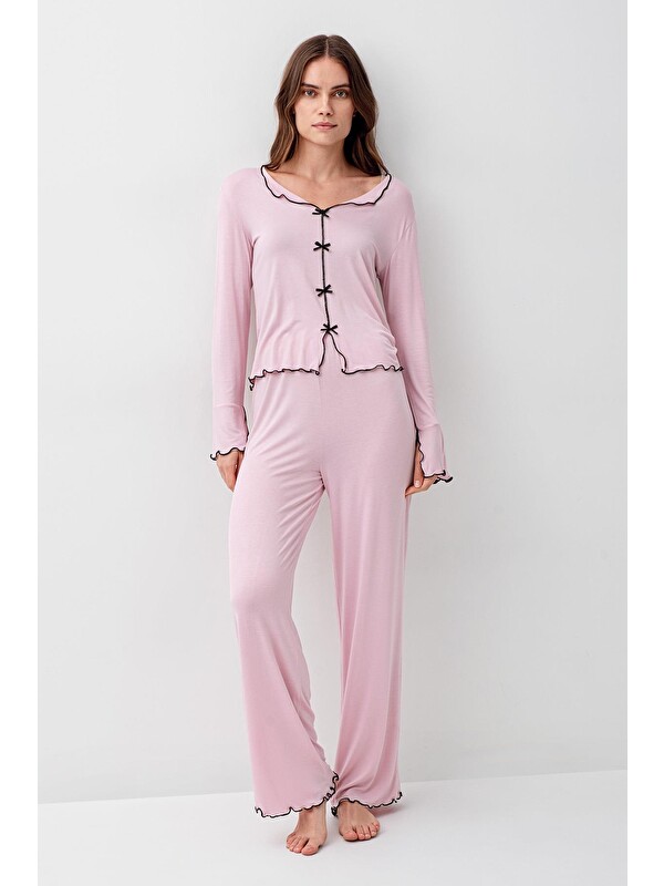 Artış Uzun Kollu Kurdele Fiyonk Detaylı Esnek Elastanlı Viskoz Soft Pijama Takım 18208