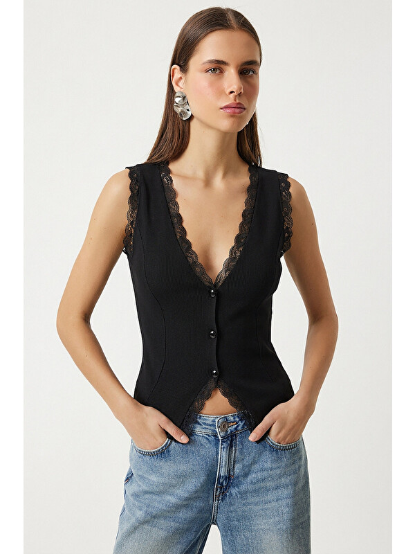 Happiness İstanbul Dantel Detaylı Fitilli Örme Bluz SİYAH LZV0060