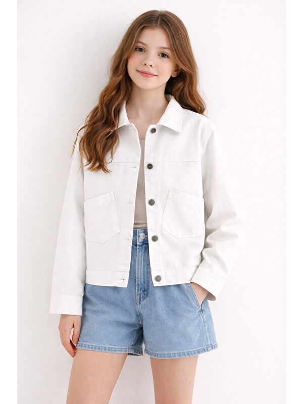 Cansın Mini Ekru Sırtı Düğme Detaylı Kız Çocuk Gabardin Kumaş Ceket 23570