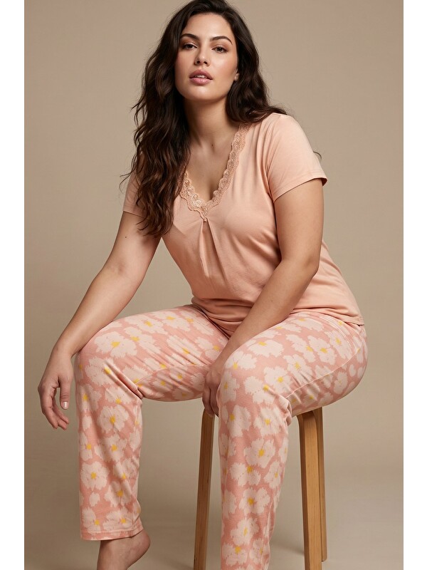 Siyah İnci Dantelli Büyük Beden Battal Viskon Örme Pijama Takım 8066