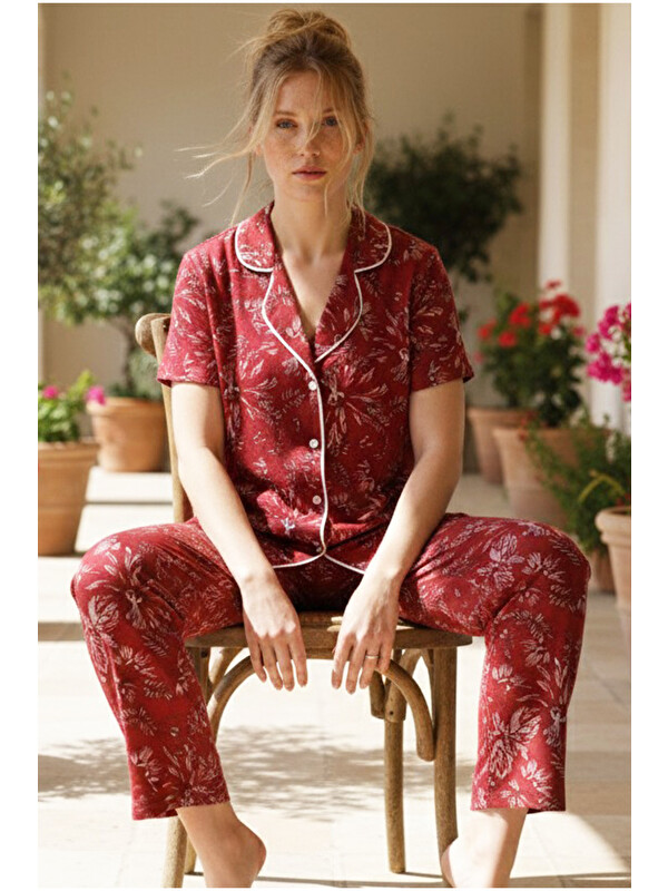 Siyah İnci bordo çiçek desenli Düğmeli Biyeli Viskon Örme Pijama Takım 26120763