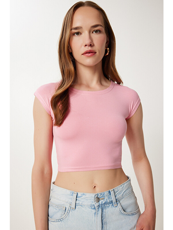Happiness İstanbul Basic Crop Örme Bluz PEMBE LZV0082