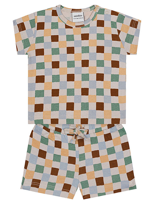Antebies Pastel Damalar Kısa Kollu Tshirt Şort Set