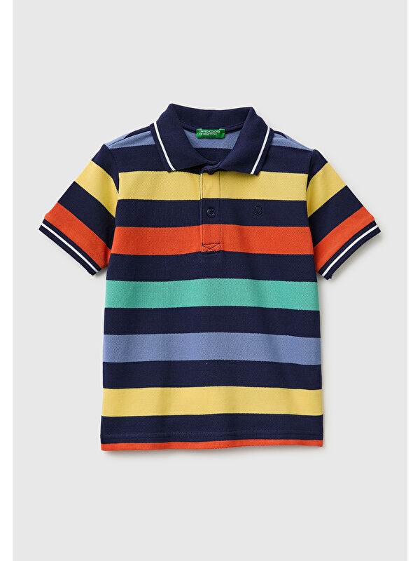 United Colors Of Benetton Erkek Çocuk Koyu Mix Çizgili Logo Nakışlı Polo Yaka Küçük Çocuk T-Shirt