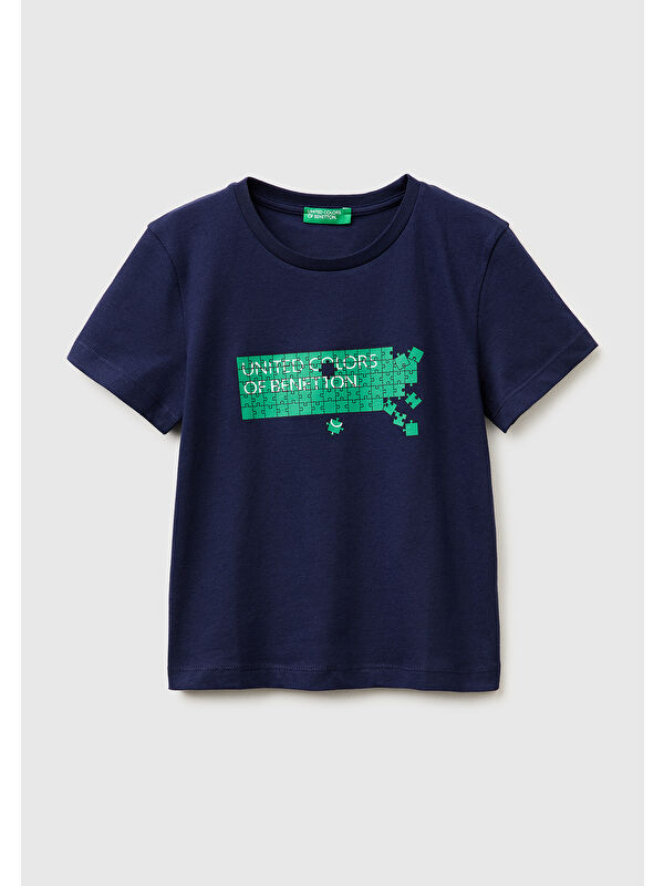 United Colors Of Benetton Erkek Çocuk Lacivert Önü Logo Baskılı Yuvarlak Yaka T-Shirt