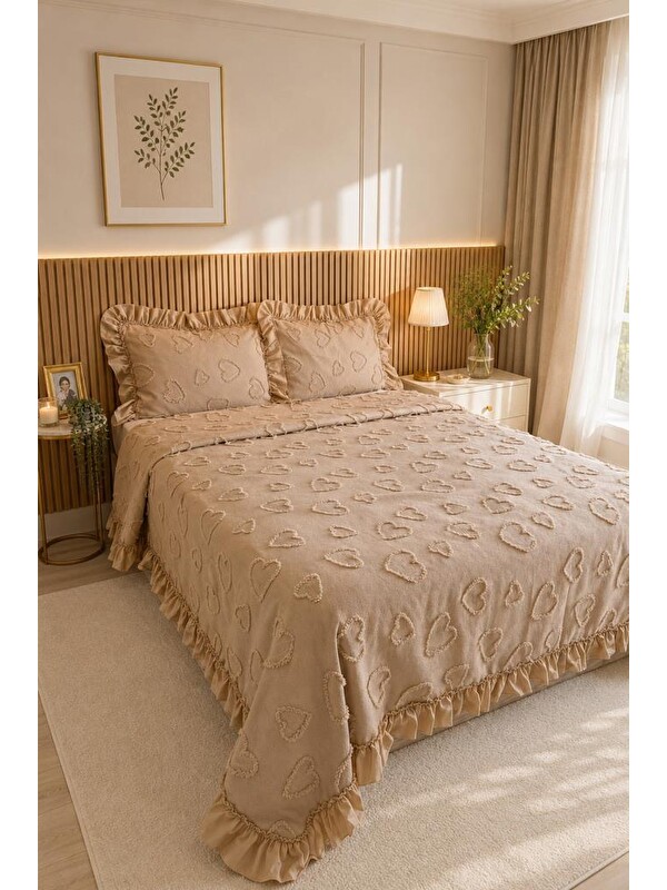 Çeyiz Diyarı Ruffle Pure Love 3 Parça Çift Kişilik Pike Takımı Bej