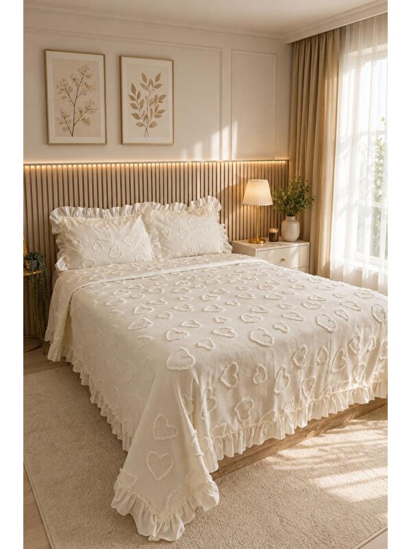 Çeyiz Diyarı Ruffle Pure Love 3 Parça Çift Kişilik Pike Takımı Krem