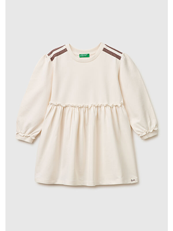United Colors Of Benetton Kız Çocuk Ekru Kurdele Detaylı Bisiklet Yaka Sweatshirt Elbise