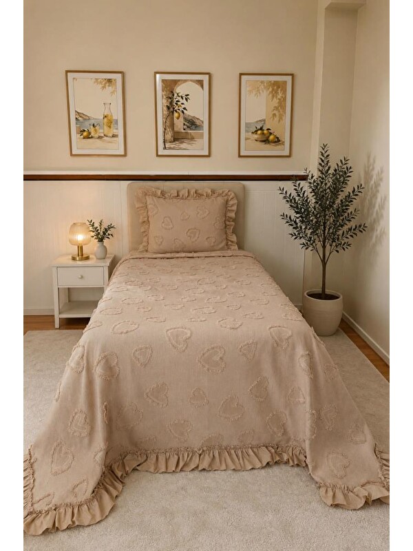 Çeyiz Diyarı Ruffle Pure Love 2 Parça Tek Kişilik Pike Takımı Bej