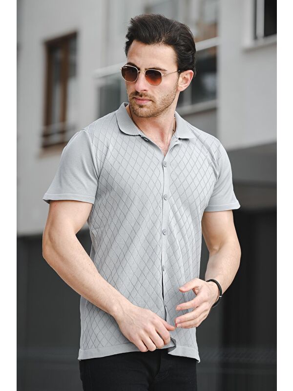 Oksit Ht 340015 Gömlek Yaka Desenli Slim Fit Kısa Kol Triko Erkek Gömlek