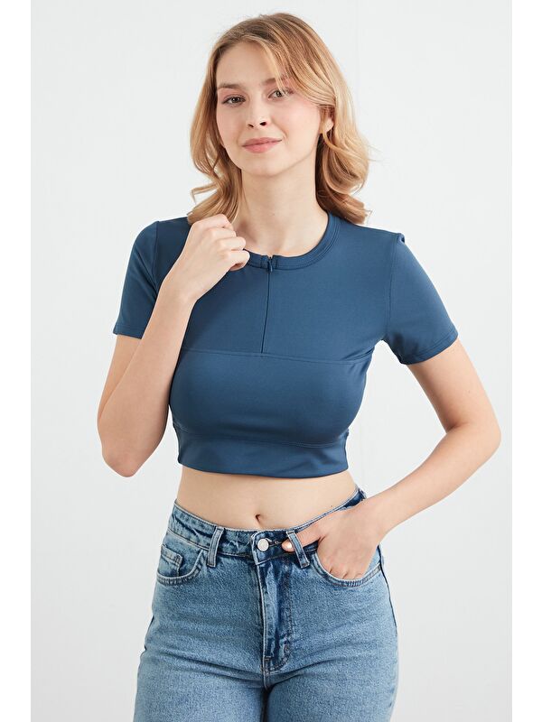 Fullamoda Basic Yarım Fermuarlı Dalgıç Kumaş Crop Tişört