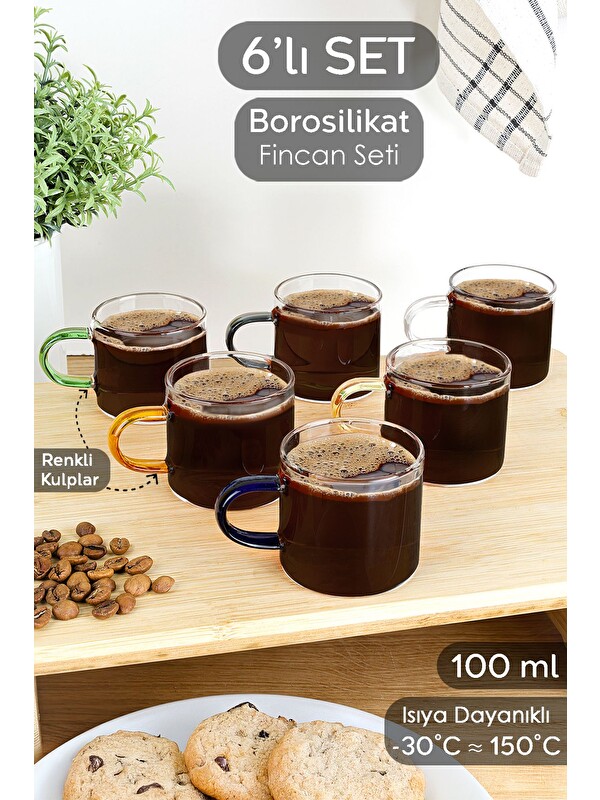 Meleni Home 6'lı Renkli Kulplu Kahve Fincan Takımı Borosilikat Cam Espresso Kahve Bardağı 100 ml
