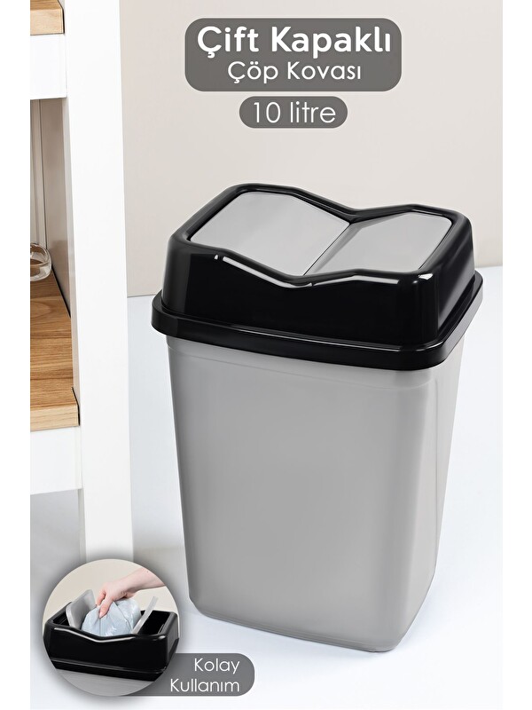 Meleni Home Çift Kapaklı Plastik Çöp Kovası Ev Ofis Banyo Mutfak Çöp Kovası 10 Litre