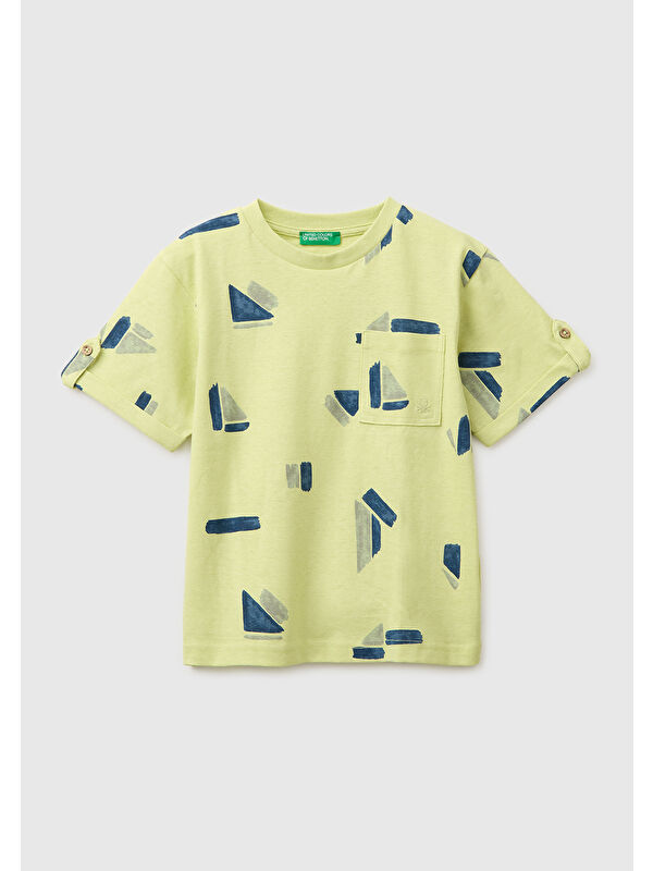 United Colors Of Benetton Erkek Çocuk Sarı Logo İşlemeli Düğmeli Cep Detaylı Tamamı Desenli T-Shirt