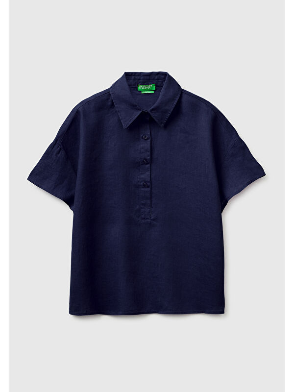 United Colors Of Benetton Kadın Lacivert %100 Keten Düşük Omuzlu  Polo Yaka Kısa Kollu Bluz