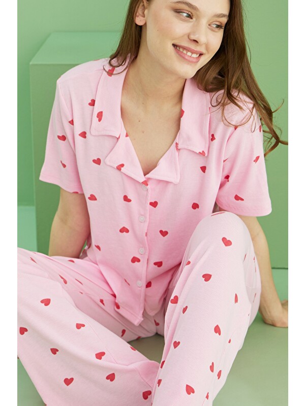 Siyah İnci Fitilli Kaşkorse Örme Düğmeli Gömlek Yaka Pijama Takım