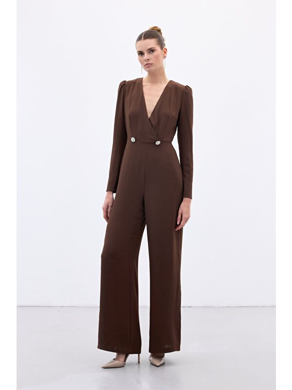 SATEEN Kruvaze Süs Taşlı Krep Tulum - Kahve