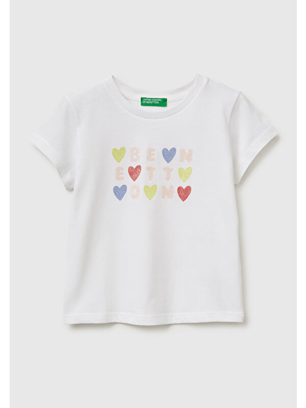 United Colors Of Benetton Kız Çocuk Beyaz Simli Grafik Baskılı Kısa Kollu Ribanalı Yaka T-Shirt