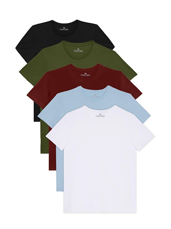 TUDORS Unisex 5'li Siyah-Beyaz-Bordo-Haki-Açık Mavi Slim Fit Dar Kesim %100 Pamuk Bisiklet Yaka Tişört