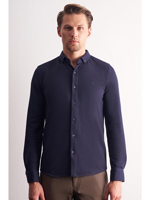 İMZA Lacivert Uzun Kol Düğmeli Yaka  Pamuklu Slim Fit Gömlek 1004255267