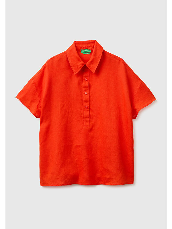 United Colors Of Benetton Kadın Kırmızı %100 Keten Düşük Omuzlu  Polo Yaka Kısa Kollu Bluz