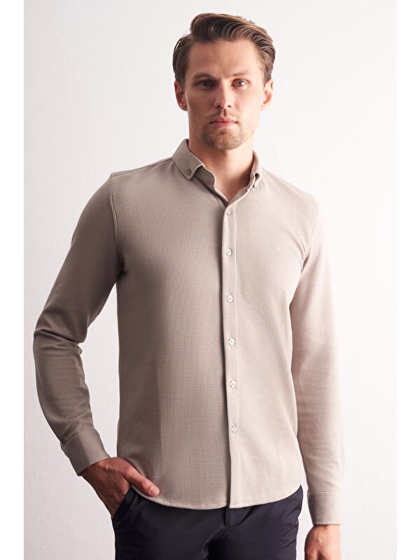İMZA Taş Rengi Uzun Kol Düğmeli Yaka  Pamuklu Slim Fit Gömlek 1004255267