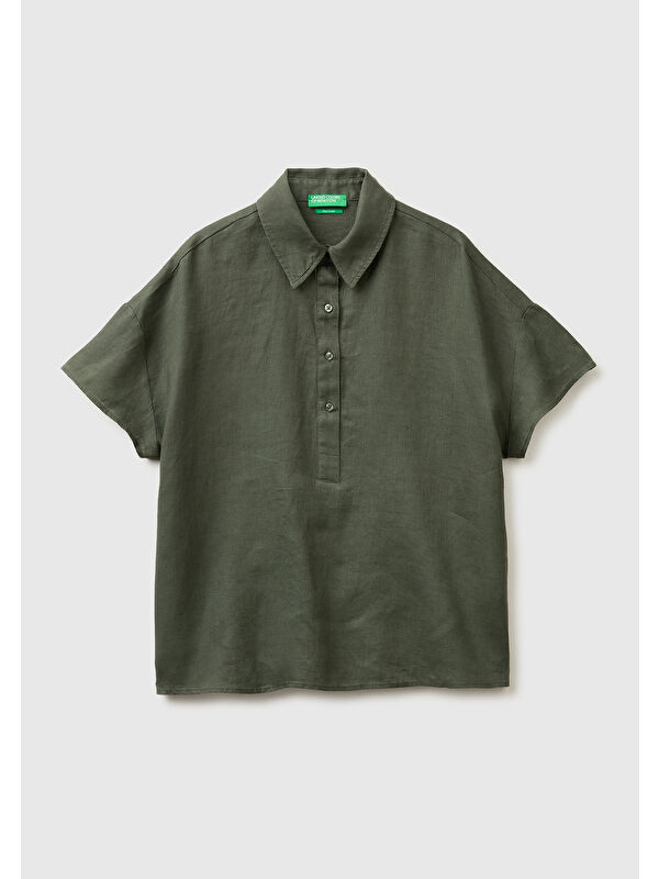 United Colors Of Benetton Kadın Haki %100 Keten Düşük Omuzlu  Polo Yaka Kısa Kollu Bluz