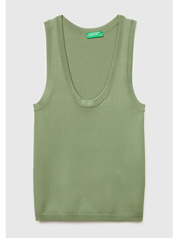 United Colors Of Benetton Kadın Haki Viskoz Karışımlı Slim Fit Geniş Yuvarlak Yaka Atlet