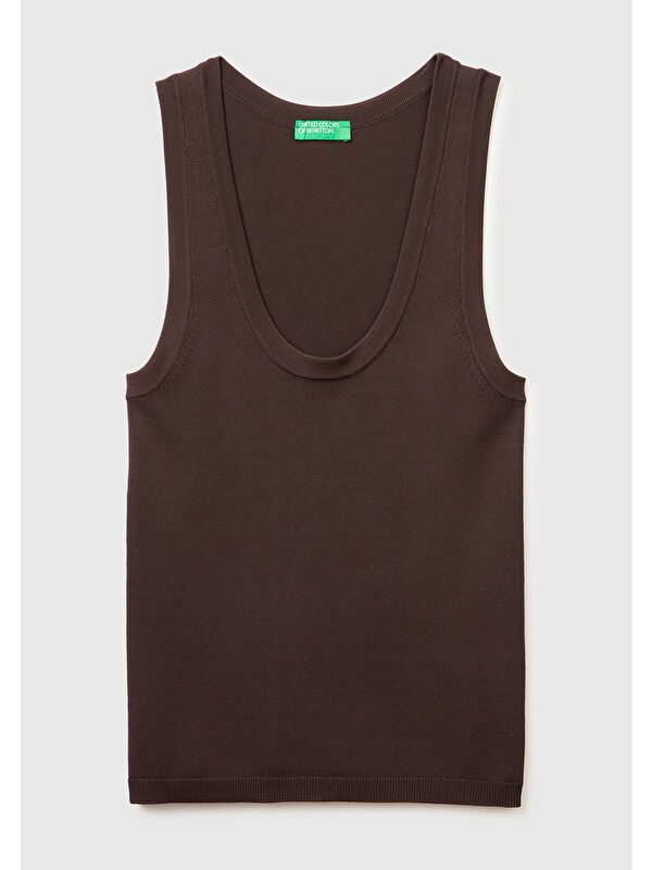 United Colors Of Benetton Kadın Kahverengi Viskoz Karışımlı Slim Fit Geniş Yuvarlak Yaka Atlet