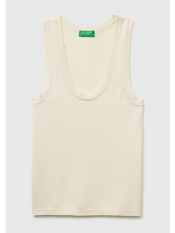United Colors Of Benetton Kadın Krem Viskoz Karışımlı Slim Fit Geniş Yuvarlak Yaka Atlet
