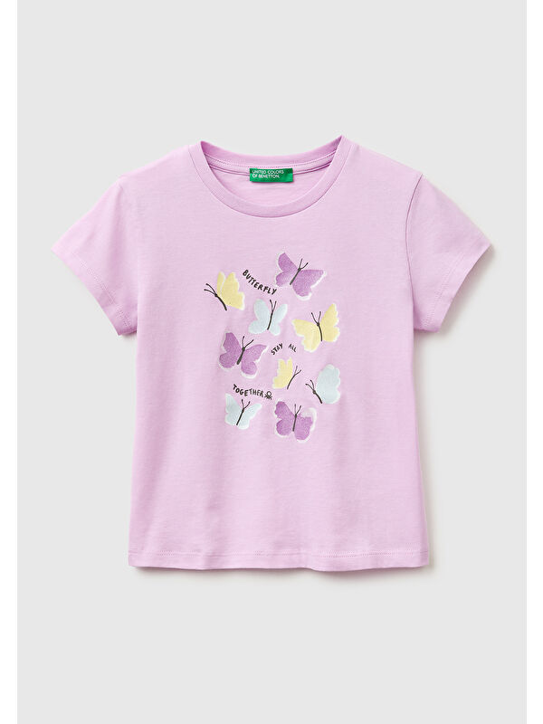 United Colors Of Benetton Kız Çocuk Pembe Simli Su Bazlı Baskılı Bisiklet Yaka T-Shirt