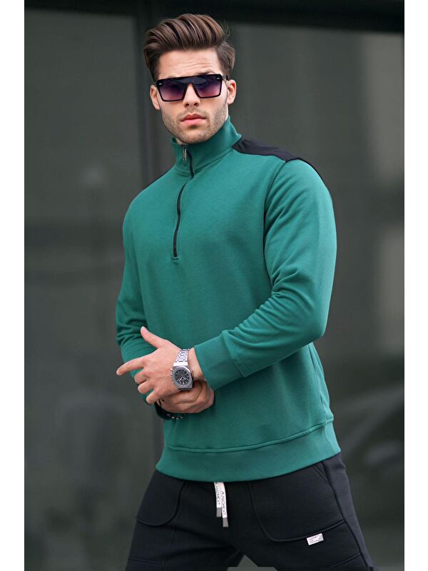 Madmext Koyu Yeşil Fermuar Yaka Basic Erkek Sweatshirt 6157