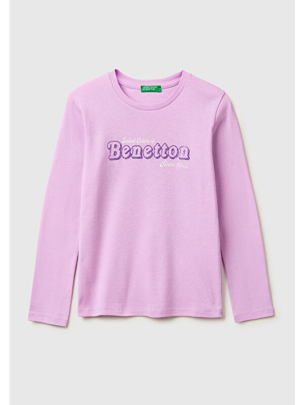 United Colors Of Benetton Kız Çocuk Pembe Simli Logo Detaylı Bisiklet Yaka Uzun Kollu T-Shirt