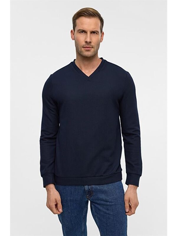 Süvari Lacivert Regular V Yaka Sweatshirt