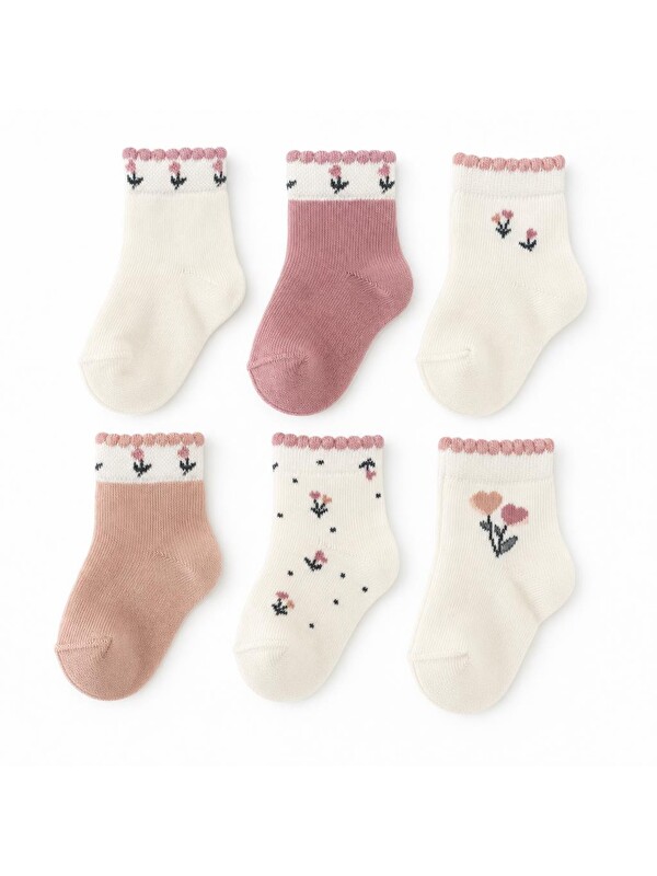 BabyCosy Organic  Bebek 6'lı Çiçek Detaylı Çorap