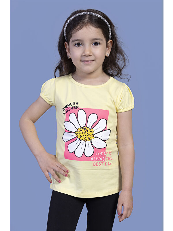 Toontoykids Kız Çocuk Papatya Baskılı Taş İşlemeli Tişört