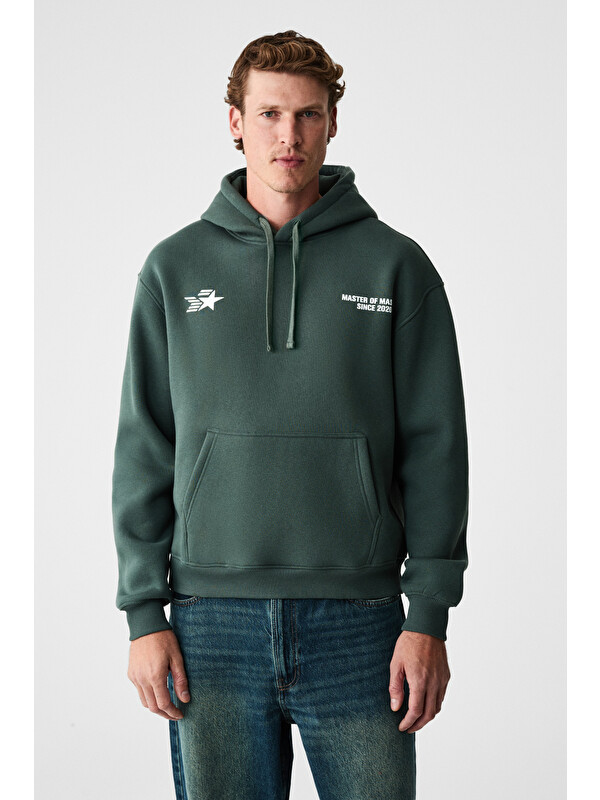 GRIMELANGE BLAISE Erkek Önü Ve Sırtı Baskılı Kapüşonlu Kordonlu Kanguru Cepli Regular Fit YEŞİL Sweatshirt
