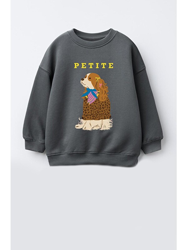 Monila Kız Çocuk 3 İplik Kumaş  Pamuklu Köpek Baskılı Sweatshirt