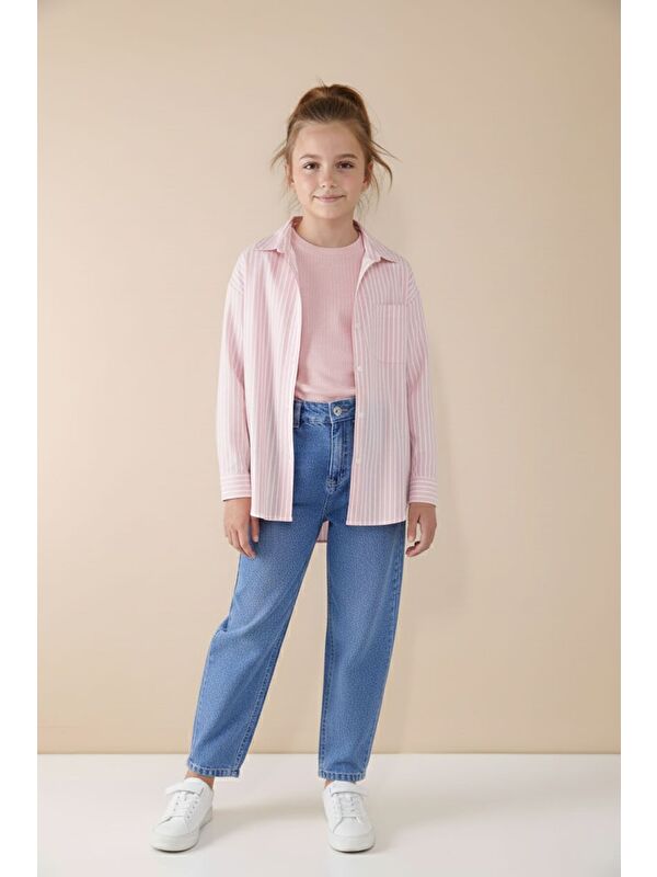 Cansın Mini Pembe Çizgili Gömlekli Badili Kız Çocuk Pantolonlu 3lü Takım 23507